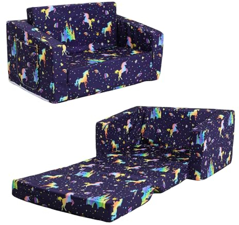 decalsweet Einhorn Faltbarer KinderSofa-Rückenlehen-Sessel 2 in 1, Standfest Kindersessel mit Stofftasche, Weiche Leichte Flip Open Kinderstuhl für Schlafzimmer Wohnzimmer Spielzimmer