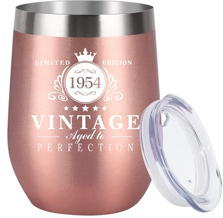 1954-70th Birthday Gifts for Women, 12oz Stainless Steel Wine Tumbler, Reusable Travel Mug Double Wall Vacuum Cup with Lid, Ideas Gifts for Her, Mom, Dad, Wife, Husband, Rose Gold…