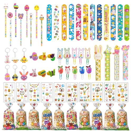 Shinybox Ostern Mitgebsel Kinder, 89 Stück Ostern Party Mitgebsel Gastgeschenke Kinder, Schnapparmbänder Tattoos, Bleistift, Cellophantüten, Partytütenfüller, Geschenke für Kinder Ostern Party Favors