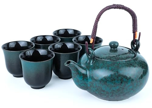 Juego de té japonés, juegos de té de porcelana de estilo japonés para adultos, 1 tetera de cerámica con agarre de bambú y 1 infusor de té de acero inoxidable y 4 tazas de té (760 ml)