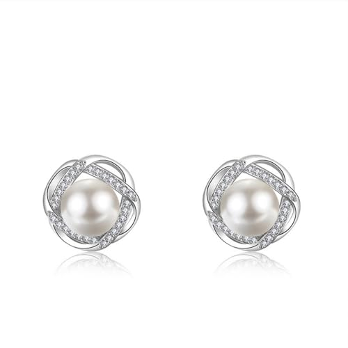 ankbrats Silber Perlen Ohrringe - Hypoallergene Kleeblatt Stecker Mit Cubic Zirkonia, Modische Elegante Süßwasserperlen Geschenk für Frauen Mädchen