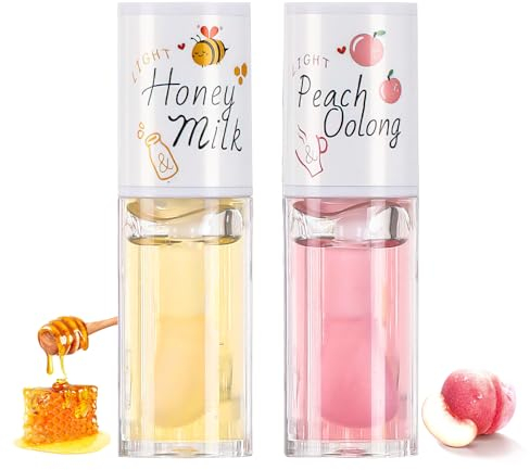 Leogony 2PCS Hydrating Jelly Cute Lip Glow Oil, Plumping Honey & Peach Lip Gloss, Moisturizing Fat Oils Lip Drip Set