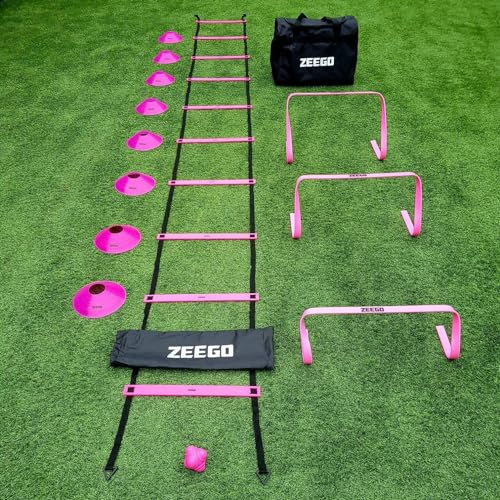 ZEEGO Agility Kit, Speed Ladder Training Ladder for Soccer, Speed, Football Fitness Feet Training, Portable Carry Bag Agility Training Equipment | Combine Kit Fluro Pink