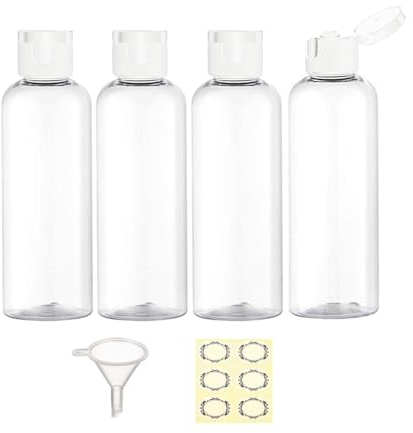 Apstaqeoo 4PCS 150ML Plastic Travel Bottles with White Flip Cap Empty Squeeze Bottle Transparent Refillable Travel Container with Funnel Label for Liquid Lotion Shampoo Toiletries Makeup Cosmetic