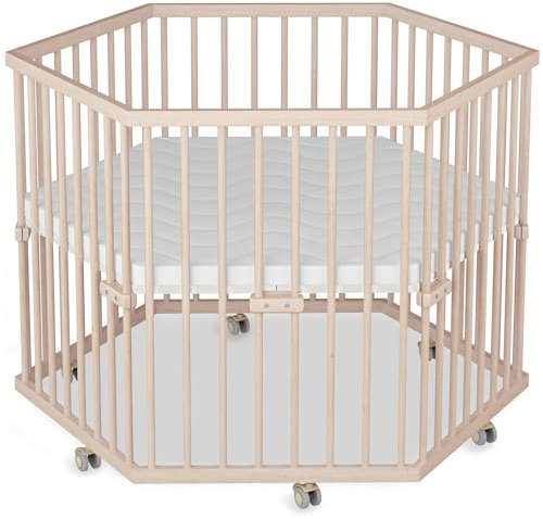 Sämann Laufstall Baby 6-eckig mit Matratze SleepPlus| TÜV geprüft 2024 | stufenlos höhenverstellbar | Laufgitter Premium | Babybett aus Holz | Krabbelgitter natur