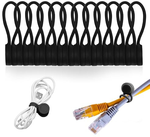 12Pcs Magnetic Cable Ties Silicone Reusable Cable Straps Small Fastening Cord Organizer USB Cable Straps Tidies Multipurpose for Organizing & Bundling Wires Earphone Headphone Management Charger