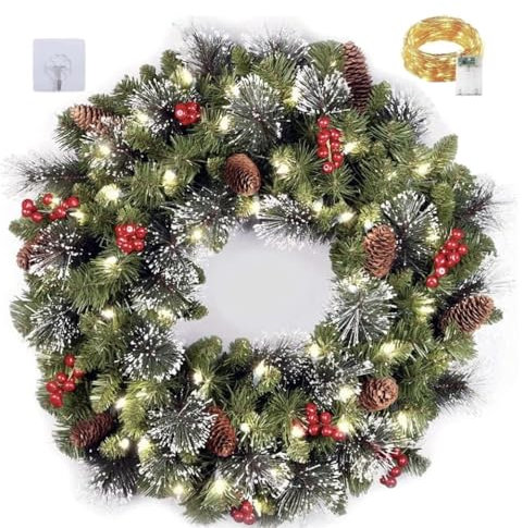 40cm Christmas Wreaths with Led Light，Christmas Wreath for Holiday,Outdoor Light up Christmas Wreath for Front Door,Christmas Party Decorations.