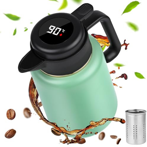 Dreamhigh® Thermoskanne 1,8L mit Teesieb, Isolierkanne mit Temperaturanzeige, gut abgedichtet Kaffeekanne (kein Leck, kein Tropfen), für Kaffee, Tee und Milch