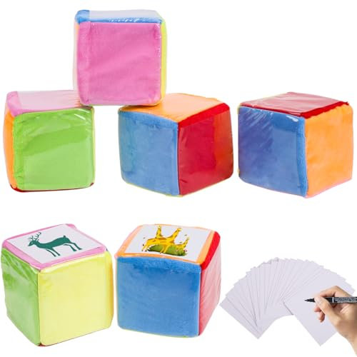 RNHDLY 2 Stück Würfel Groß, Schaumstoffwürfel mit 24 Leere Karte 1 Stift, Bunter Würfel mit Einstecktaschen, 10cm Würfel mit Tasche für Kindergarten, Vorschule, Schule, Frühes Lernen