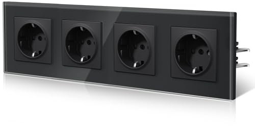 BSEED Steckdose aus Glas, EU-Standard Wandsteckdose mit Krallen, Einbausteckdose mit Kindersicherung, Einfach Montage, Neu E-Serie, 16A 250V,4 Fach,299mm Schwarz