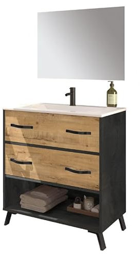 Miroytengo Mueble de Baño 81 cm Hudson con Patas y Espejo (Sin Lavabo) Color Piedra y Roble Gold