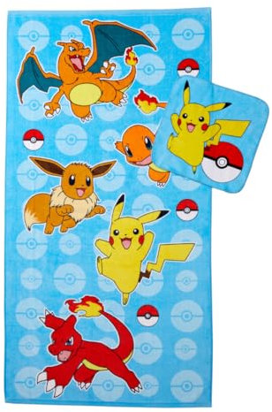 Franco Pokemon Gamer Kinder-Bad/Pool/Strand, weiche, saugfähige Baumwolle, Frottee-Handtuch mit Waschlappen, 2-teiliges Set, 127 x 63,5 cm, offizielles Lizenzprodukt