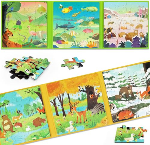 SOLTIRA Magnetpuzzle ab 3 Jahren, Jahreszeiten und Tiere, Kinderpuzzle 2 Sets, je Buch 3 Seiten mit je 20 Teilen – insgesamt 6 Seiten / 120 Teile, Beschäftigung für Kinder ab 3 im Autofahrt Flugzeug