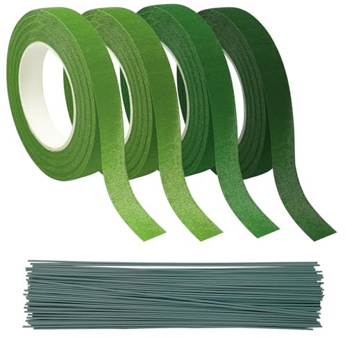 JRJRN 4 Rollos Cinta de Tallo Floral, Cinta de Enmascarar de Flora con 100 Tallos de Alambre Floral, Cinta Adhesiva de Flores, Cinta Floral Verde para Envolver Ramos, Manualidades DIY