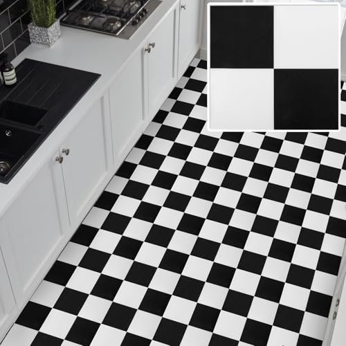 YAYODS 20 Pack Self Adhesive Floor Tile Vinyl Flooring, 30x30cm Black and White Chequered Floor Tiles, Waterproof Peel and Stick Floor Tile for Kitchen Bathroom Living Room and Floor Planks