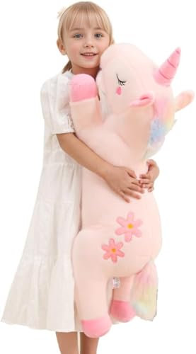 Dalmao Peluche licorne géante de 80 cm - Rose - Coussin lombaire - Coussin de corps pour enfants garçons et filles - Anniversaires de Pâques