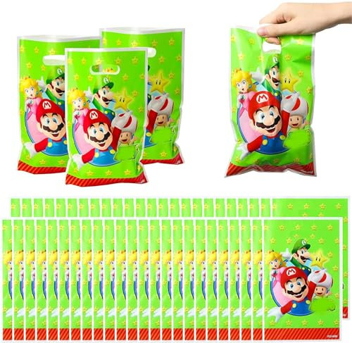 50 Pezzi Mario Sacchettini Compleanno Bambini, Sacchetti Regalo, Sacchetto per Caramella,Borsa di Regalo per Feste di Compleanno di Natale, Feste a Tema 25 x 16 cm