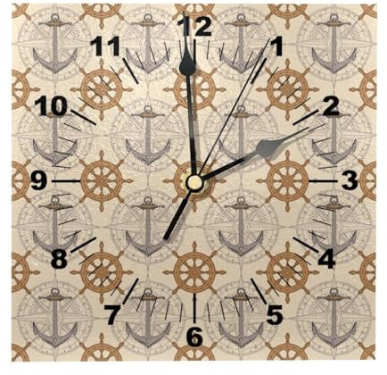 Horloge murale carrée nautique à piles, motif roses et vents, fonctionne à piles, silencieuse, sans tic-tac, horloge murale en bois pour décoration de salon
