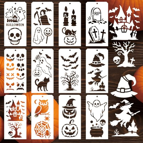 GOMAKERER 12 Pcs Halloween Painting Stencils, 12 Styles Pumpkin Bat Ghost Drawing Templates Reusable Border Stencil for Painting on Wood Wall Floor Scrapbooking Holiday DIY Ornaments