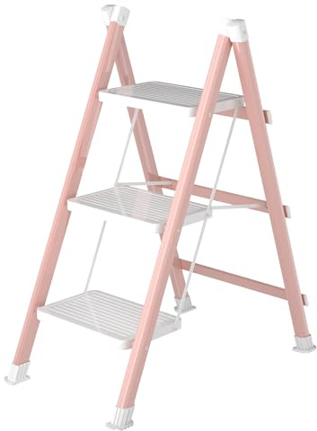 DIAMONDFORGE 3 Step Ladder, Folding Step Stool with Anti-Slip Wide Pedal, Anti-Slip Feet, Sturdiest Steel Construction, 600lbs Capacity Steel Ladder for Home and Office, Pink White