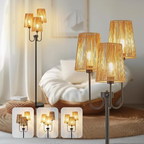 KZT Dimmbar Stehlampe Wohnzimmer 3 Flammige Retro Stehleuchte E27 Boho Rattan Stehlampe Vintage Leselampe mit Drehschalter, 3 Beleuchtungsmodi, 3000K, für Büro Schlafzimmer Sofa, Schwarz 165cm