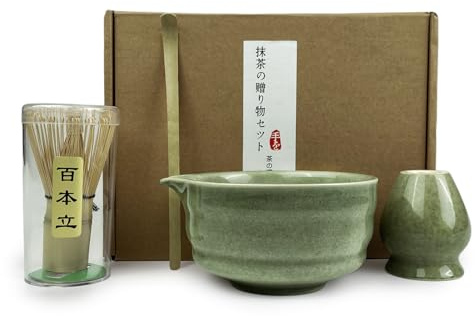 VELLUSTRA Matcha Kit 4 Piezas, Kit de Ceremonia Japonesa con Cerámica Cuenco con Pico, Batidor de Bambú, Soporte Chasen, Cuchara, para Oficina y Como Regalo Amantes del Matcha, La Ceremonia Del Té