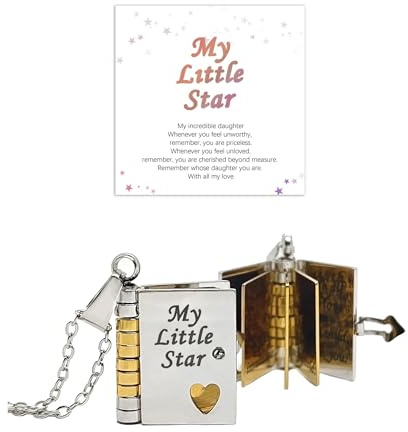 „My Little Star“ Buch-Halskette für Tochter – Damen-Buchkette aus Edelstahl mit Gravur, aufklappbarer Buchanhänger mit Seiten, Geschenk für Mädchen, Teenager & Kinder, Schmuck Geschenk von Mama & Papa
