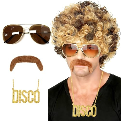 Herren Perücke, 70er Jahre Dude Dirt Bag Perücke, Afro Perücke mit Bart, Pilotenbrille & Goldkette, Fasching Perücken Herren für Cosplay, Karneval, Halloween Party, Braun Mix Blond