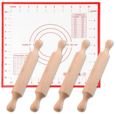 Mini Rolling Pin 4 Pack Small Wooden Rolling Pin with Silicone Baking Mat Non-Stick Playdough Dough Rollers for Baking Cookie Making Pizza Pie Crust Embossed Pastry Halloween Gifts for Kitchen Fun