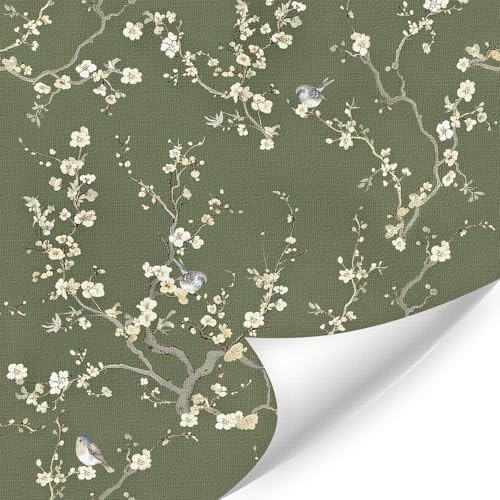 ANHUIB Vintage Dark Green Floral Wallpaper Birds Peel and Stick Contact Paper for Wall Cabinets White Flower Self Adhesive Stickers for Living Room Girls Bedroom 44x300cm
