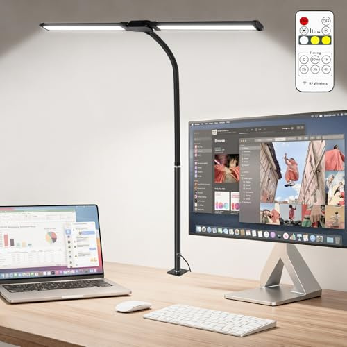 vsshe Desk Lamp with Clamp, Double Head Desk Light with Remote Control Timer Memory, 1200 Lumen, Bright Adjustable, Flexible Gooseneck, Eye Caring Table Lamp, LED Light for Office Study Crafts Draw