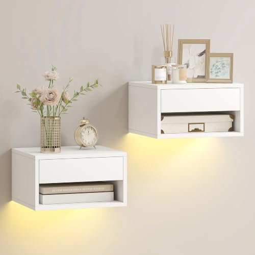 HOMCOM Nachttisch hängend 2er Set RGB-LED-Beleuchtung Schublade Weiß | Nachtschrank, offenem Fach, Modernes Schwebendes Wandregal, App-Steuerung, für Schlafzimmer