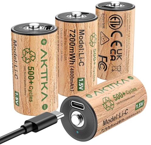 AKTTKA 4 Pack Rechargeable C Batteries, 1.5V Lithium LR14, 500+ Cycles | 7200mWh High Capacity • Alternative to Alkaline & NiMH C Batteries • True 1.5V Output • USB-C Charging • Low Self-Discharge