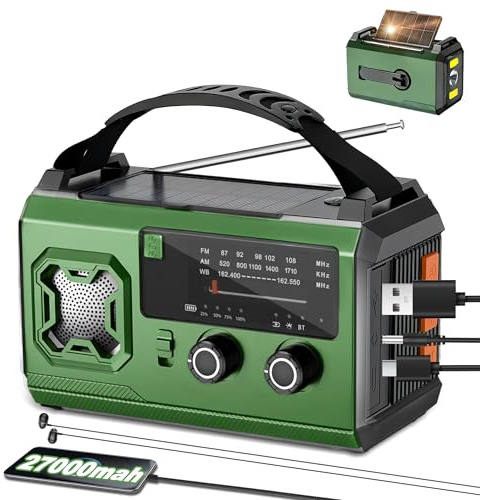 Radio d'urgence à Manivelle Solaire, Powerbank 27000mAh (Vert Militaire) | Radio AM/FM, Alarme SOS, Lampe Torche et Lecture, Boussole, Prise Casque, Pour Camping et Pannes