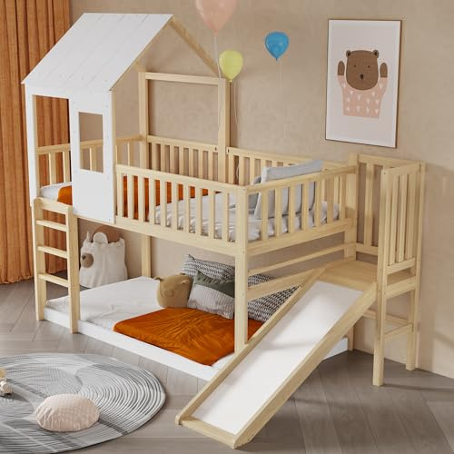 Su & Chan Legence Bunk Bed with Slide, Wooden Cabin Bed with Under-Bed Storage Space, Kids Bed with Slats and Guardrail, Beautiful Roof and Windows, No Mattress, 90 x 190cm, White and Natural