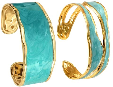 JENCVNL 2 Stück Gold Armreif Armband für Damen, Edelstahl Chunky Gold Armband Damen Breiter Offen Armreif Manschette Stapelbares Armreifen Armbänder für Damen Mädchen