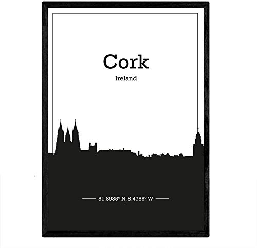Nacnic Plakat mit Karte von Cork - Irland. Skyline Blätter mit Städten von England und Irland mit schwarzen Schatten. A4-Format