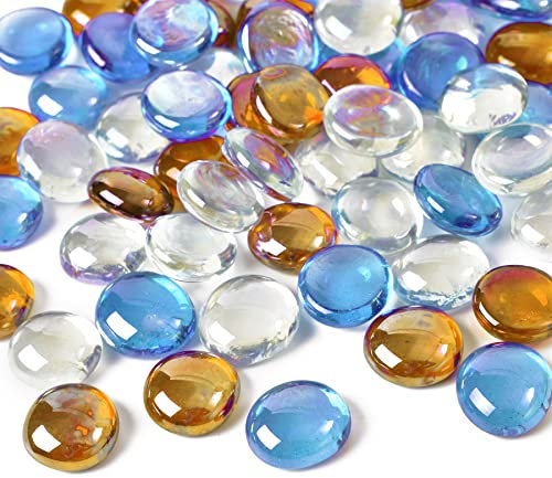 Hagao Perline di vetro piatte, colori misti, per vasi, acquari, ciottoli, riempitivi per vasi, decorazione da tavolo, trasparente, ambra, blu mare, 0,5 kg