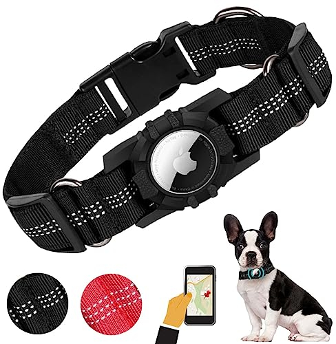 AgoumLux Airtag Hundehalsband Hunde Air Tag Halter Halsband Nylon Verstellbar Reflektierend für Kleine, Mittelgroße und Große, Schwarz, M