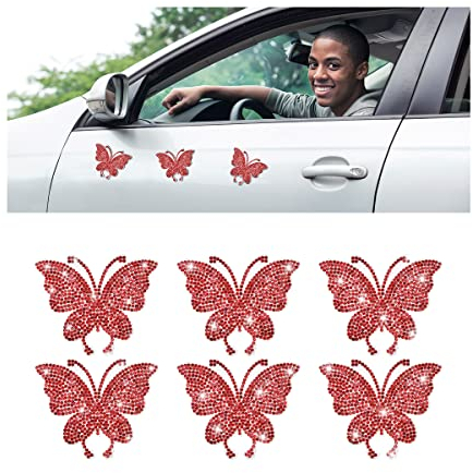 JNNJ 6 Stücke Glitzer Fenster Dekorationen Aufkleber für Autos, Funkelnd Diamant Schmetterling Aufkleber, Bling Strass Kristall Abziehbilder für Fahrzeug(Rot)