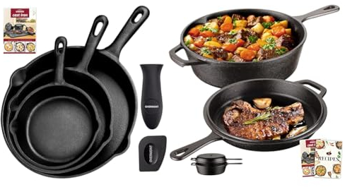OVERMONT Grillpfanne Gusseisen - Gusseisenpfanne 3 Stücke Set & Gusseisen Topf Brot Backen - Gusseisen Bräter mit Deckel Langem Griff- 2in1 Cast Iron Pot