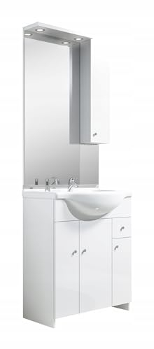 .Deftrans Domodomo Badschrank mit Waschbecken und Spiegel weiß 105 cm, Waschbeckenschrank 80 x 80 x 48 cm, Keramik-Waschbecken-Set, Badmöbel-Set