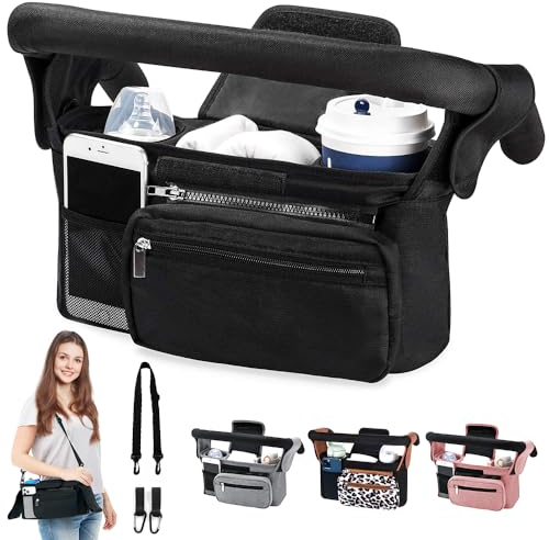 HINATAA Bambino Borsa Passegginom,Organizer Passeggino Piccola con 2 Portabottiglie,Universale Borsa Cambio Neonato con Tracolla e 2 Ganci,Borsa Carrozzina Bambini con Tasca Zip (Nero)