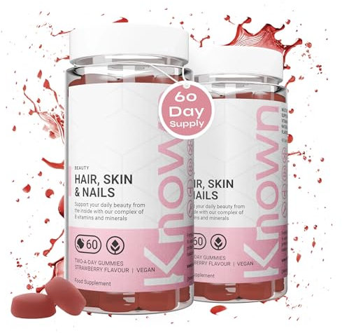 Known Tasty Hair, Skin & Nails Gummies - Multivitamin - Supports Beauty from Within - Natural Strawberry Flavour - 60 Vegan Gummies, 2 Months Supply