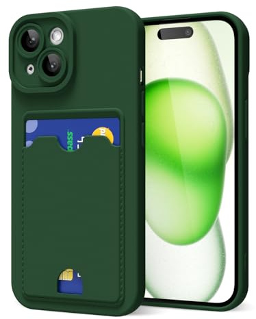 oakxco for iPhone 15 Case with Card Holder, Cute Silicone Wallet Phone Case with Credit Card Slot, Soft Rubber Thin Slim Purse for Women Men with Shockproof Camera Cover Protection, Dark Green