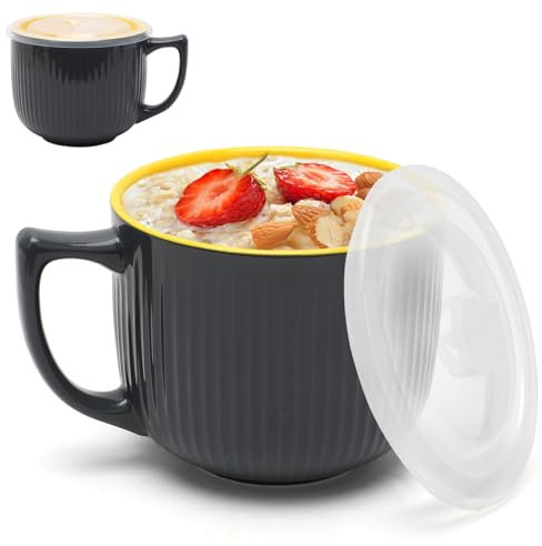 Suppentassen mit Henkel, 900ml Suppenschüssel mit Deckel, Mikrowellen Keramik Suppentasse, Ramen Schüssel, Kaffeetasse Groß, Nudelschüssel, Instant Nudeln Bowl Suppenschale (Grau)