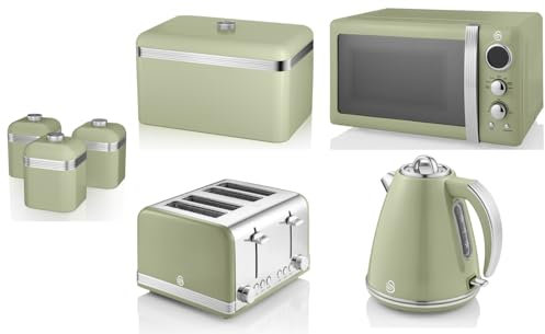 Swan Retro Green 1.5L 3KW Jug Kettle, 4 Slice Toaster, 800W 20L Digital Microwave, Bread Bin & Canisters. Retro Design Matching Kitchen Set of 7 in Green