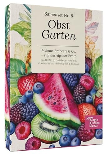 Magic Garden Seeds - Obst-Garten - 6 fruchtige Sorten: Zuckermelone, Erdbeere, Wassermelone, Rhabarber, Physalis & mehr - Samenset zum Selberziehen im Garten oder auf dem Balkon