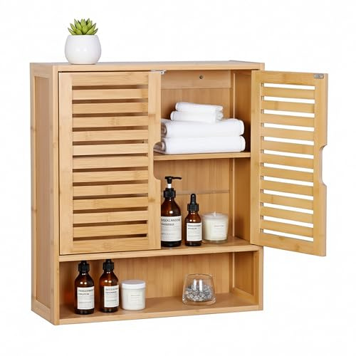 Relaxdays Hängeschrank Bad, 3 Fächer, HBT: 66 x 59 x 21 cm, Lamellentüren, Magnetverschluss, schmaler Wandschrank, Farbe