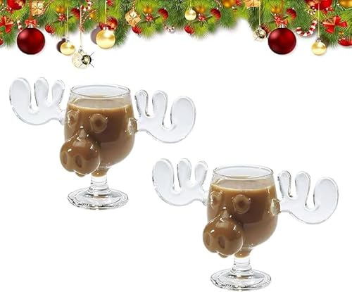 Tudegy Christmas Eggnog Moose Mug,Clear Drinking Glasses,Christmas Elk Glasses,Vacation Movie Moose Gift Drinking Cup for Xmas Friend Birthday Holiday (2PCS, Low-Cup)